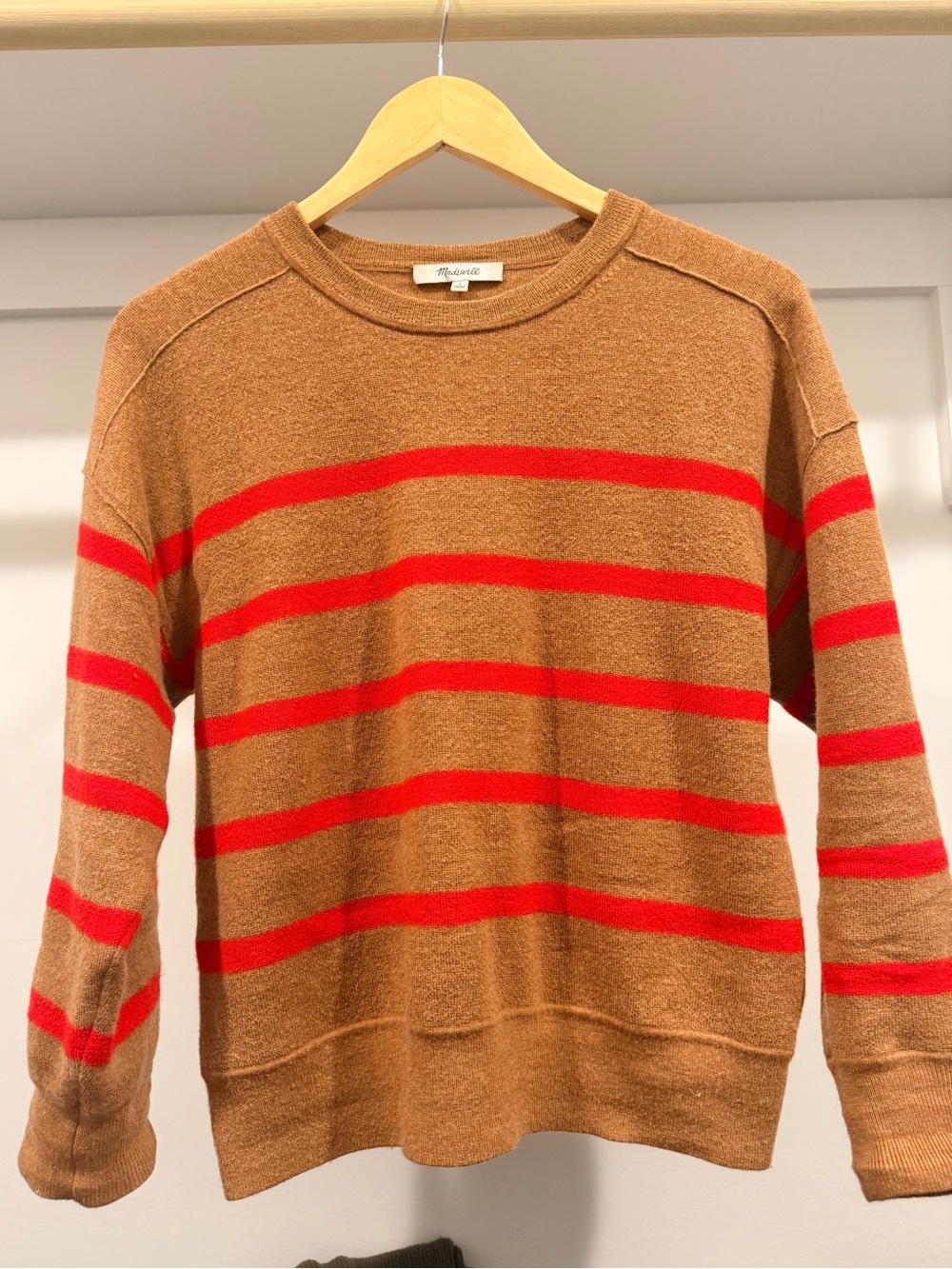 Madewell Merino Wool Sweater Camel & Red Stripe Crewneck Size S